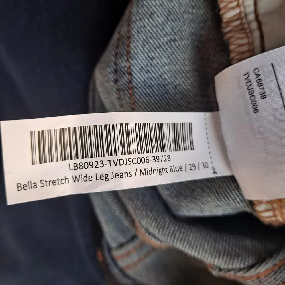 NWOT Bella Stretch Wide Leg Jeans High Rise Denim Midnight Blue Women's Size 29